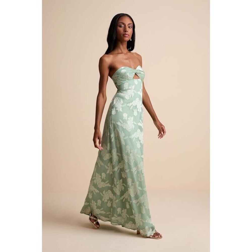Lulus Danae Sage Green Floral Jacquard Strapless Maxi Dress - Size L